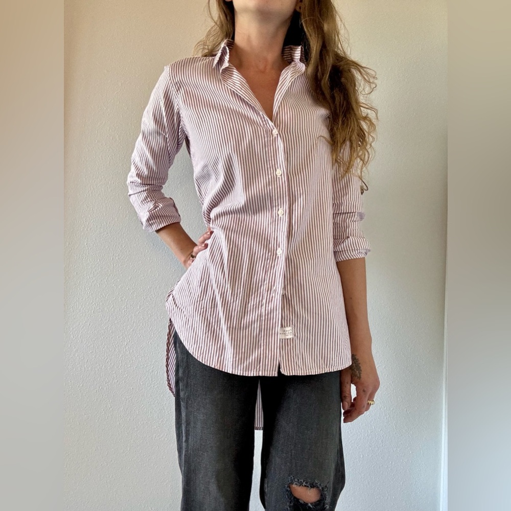 Frank and Eileen Grayson Striped Long Sleeve High Low Button Front Shirt
